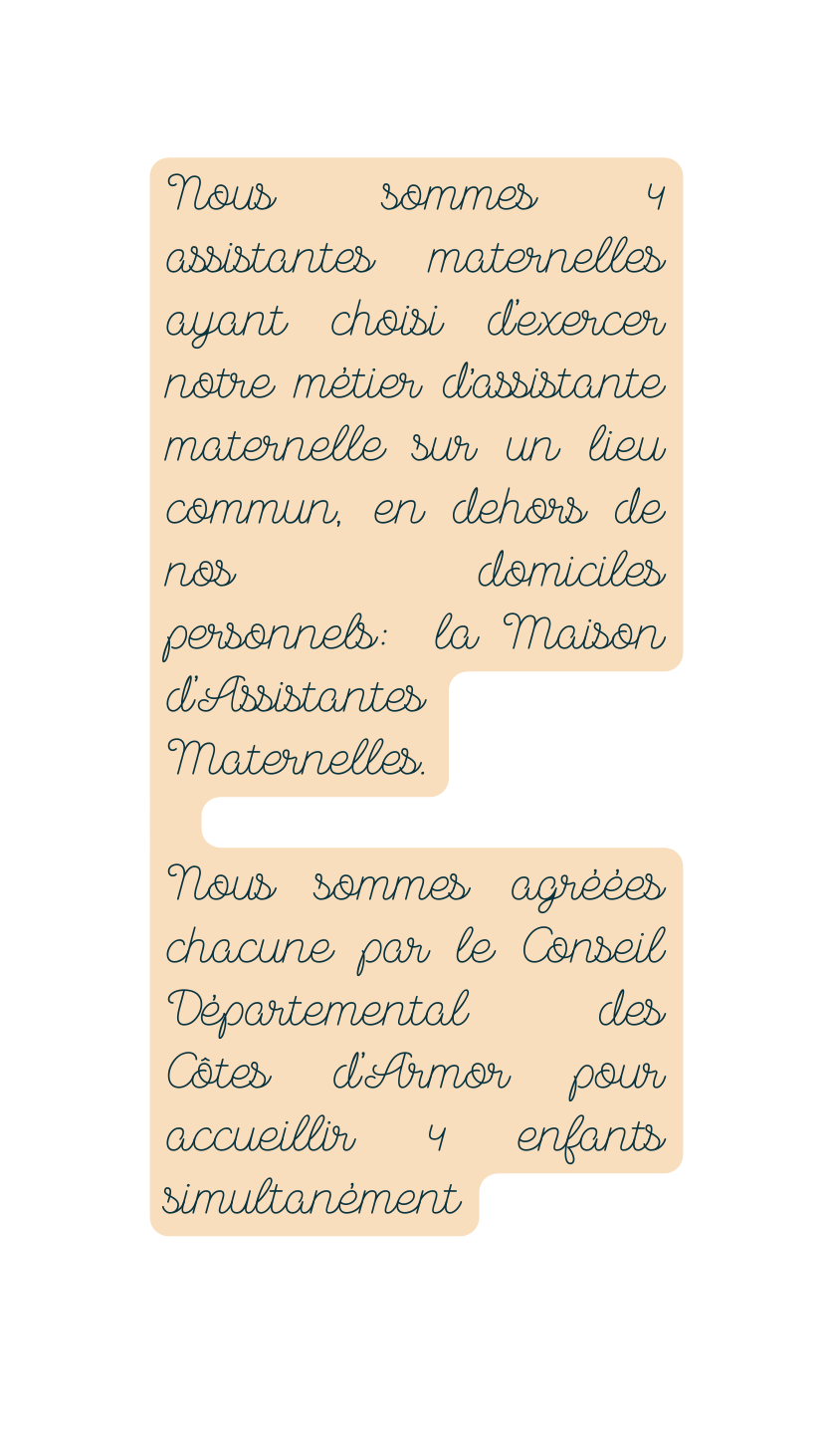 Nous sommes 4 assistantes maternelles ayant choisi d exercer notre métier d assistante maternelle sur un lieu commun en dehors de nos domiciles personnels la Maison d Assistantes Maternelles Nous sommes agréées chacune par le Conseil Départemental des Côtes d Armor pour accueillir 4 enfants simultanément